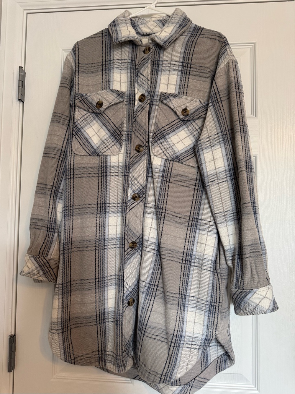 aerie Neutral Plaid Button-Front Long Utility Shacket in Beige, White and Navy